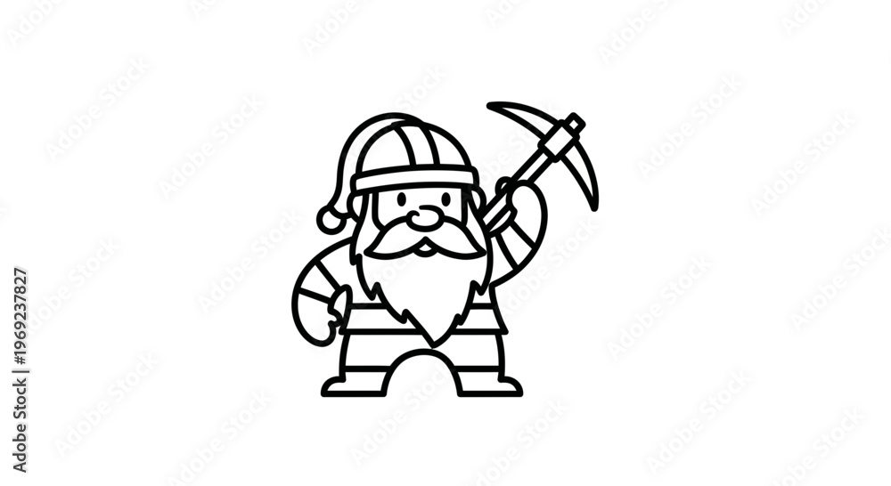 Fototapeta premium Charming minimalist line art illustration featuring a bearded dwarf character holding a trusty