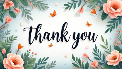 Elegant floral border frames Thank you text. Delicate flowers, green leaves and orange butterflies add charm. Soft pastel background creates a serene, appreciative mood for any message.