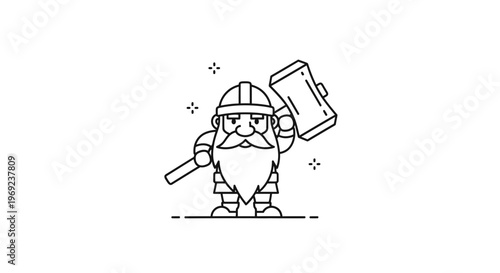 Robust cartoon miner character with helmet and mighty hammer ready for adventure and craft