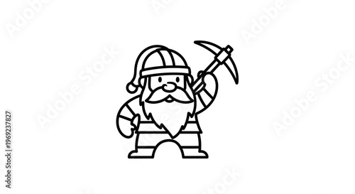 Charming minimalist line art illustration featuring a bearded dwarf character holding a trusty
