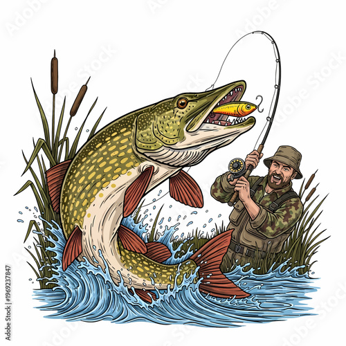 Northern pike fish jumping out of water with lure in mouth and fisherman catching it on background