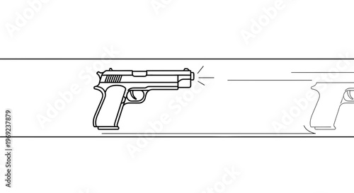 Dynamic line art illustration of a handgun firing with muzzle flash and subtle recoil motion