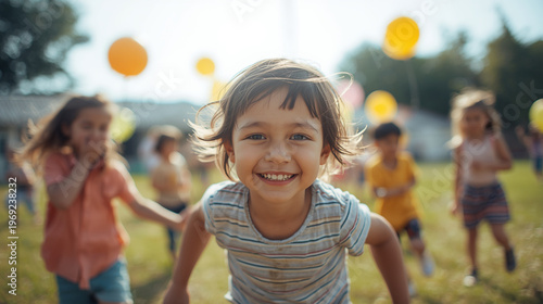 Smiling Young Girl Running on Green Grass During an Outdoor Celebration