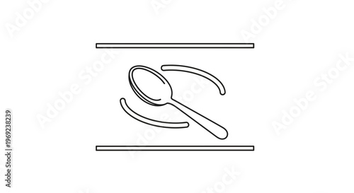 Minimalist black and white line art depicting a single spoon actively stirring within an abstract