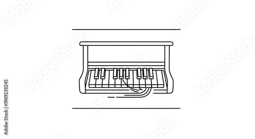 Minimalist black and white line art illustration of a classic piano musical instrument