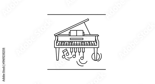 Elegant monochrome illustration of a classic grand piano emitting harmonious musical notes for