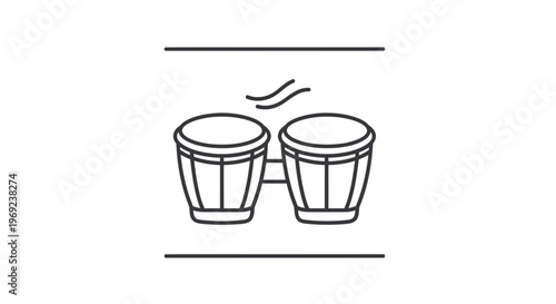 Minimalist line art illustration featuring a pair of bongo drums producing rhythmic sound waves