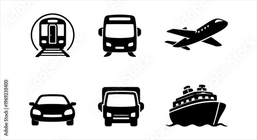 Essential collection of diverse transportation icons representing various travel modes and vehicles