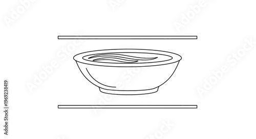 Minimalist line art illustration of a bowl of ramen with chopsticks ready to enjoy a warm meal