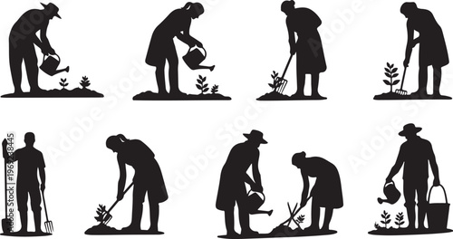 Silhouette of a person planting and tending a tree