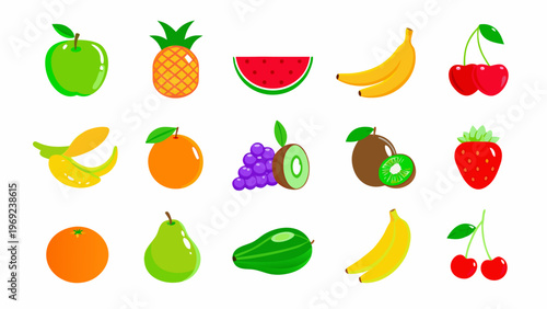 Colorful assortment of various fruits arranged on a white background