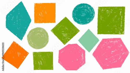 Colorful crayon shapes scattered on a plain white background