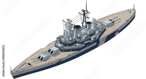 Isometric Illustration of a Modern Naval Battleship with Large Cannons and Camouflage Pattern Isolated on White Background
