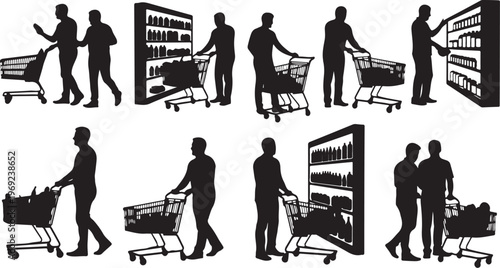 Silhouettes of people shopping with carts in various scenes