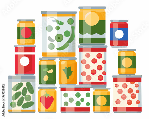 Colorful assortment of canned goods displaying various fruits and vegetables
