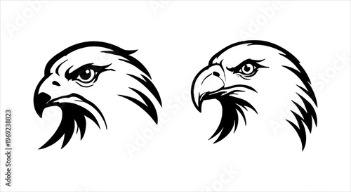 Black and white illustrations of eagle heads looking left and right