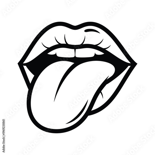 Mouth Sticking Out Tongue Vector Illustration Black Line Art Isolated White Background