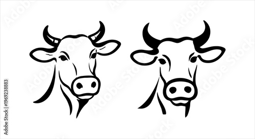 Minimalist black and white outline illustrations of two cow heads with horns