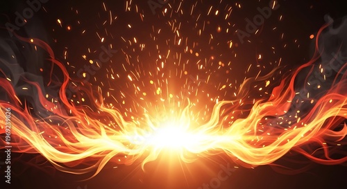 Abstract Fire Explosion Background with Fiery Flames and Sparks, Burning Energy Wave on Dark Black Backdrop, Dynamic Blaze Texture, Powerful Heat Light Effect for Banner, Wallpaper, Digital Design