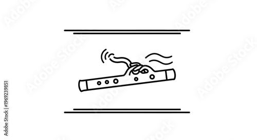 Minimalist black outline drawing of a traditional wind musical instrument emitting sound waves