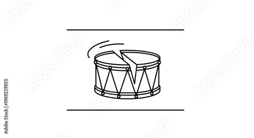Minimalist line drawing of a broken snare drum with a fractured head and surrounding lines