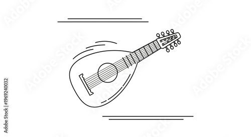 Elegant minimalist line art illustration of a classical plucked string instrument for musical themes