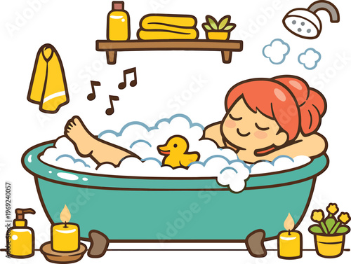 Relaxing woman in bathtub, bubble bath, rubber duck, candles, serene spa moment, bathroom luxury