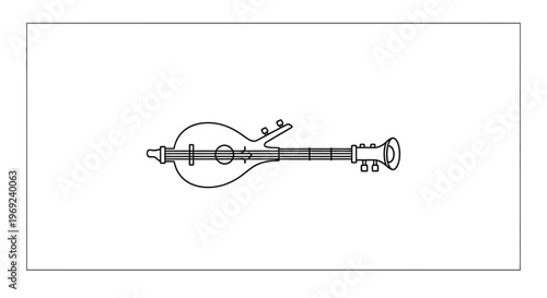 Minimalist line art illustration of a unique stringed musical instrument with artistic flair