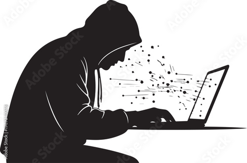 Hacker in hoodie working on laptop with code explosion