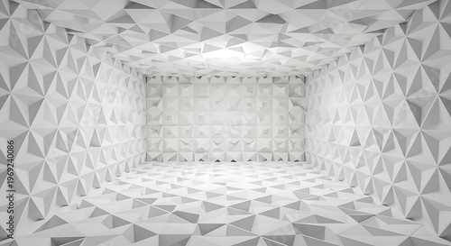 Empty square room with many repeating inverted pyramids in pure white colors. Geometric three dimensional pattern with inverted pyramids