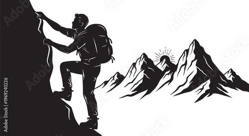 Man climbing mountain with backpack in black and white