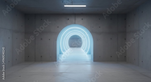 Empty square room with Abstract empty illuminated light blue shining corridor interior