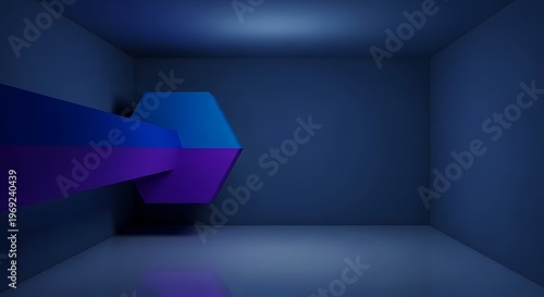 Empty square room with Abstract background with half of hexagonal shapes over shiny reflective background. Dark blue space with geometric object and blank space