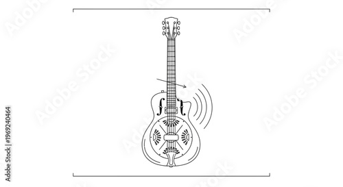 Minimalist line art illustration of a resonator guitar producing musical sound waves a clean