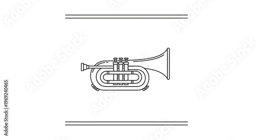 Elegant contour artwork of a brass wind instrument a cornet presented on pristine white backdrop