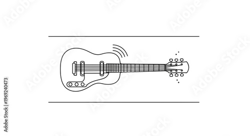 Minimalist electric guitar line art icon emitting sound waves for music illustrations and branding