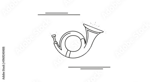 Minimalist outline illustration of a classic post horn or hunting instrument emitting a cheerful