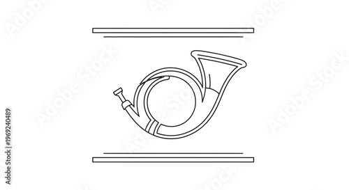 Minimalist black line art illustration of a vintage curved post horn with elegant framing elements