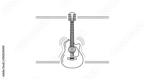 Elegant line art drawing of an acoustic guitar resonating with subtle sound waves creating a