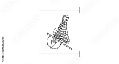 Minimalist line art illustration of a unique stringed musical instrument with a violin bow for