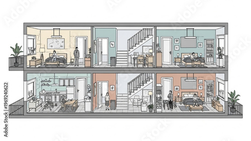 Architectural Cross-Section Illustrating Modern Urban Living Spaces and Diverse Daily Activities within a Multi-Unit Residential Building