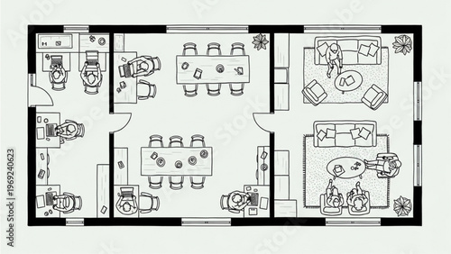 Detailed overhead illustration of a modern office floor plan for productive workspace design