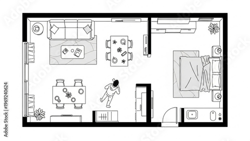 Top-down view of a meticulously designed modern studio apartment floor plan