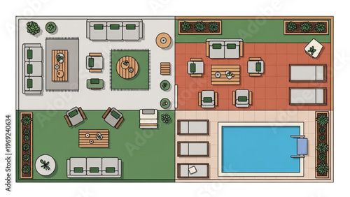 Detailed Top-View Illustration of a Modern Luxury Residential Outdoor Living Area Layout with Garden, Patio, and Swimming Pool Design