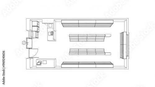 Wireframe blueprint of a modern retail supermarket interior floor plan design for commercial business space planning and shop layout