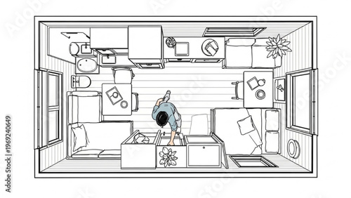 Tiny House Floor Plan with Person Cooking in the Kitchen Area