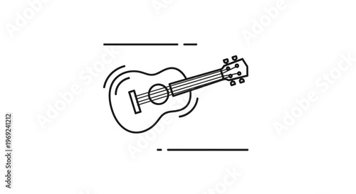 Minimalist line art illustration of a ukulele or small acoustic guitar emitting sound waves