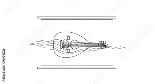 Elegant monochrome illustration of a classical oud instrument with melodious flowing artistic lines
