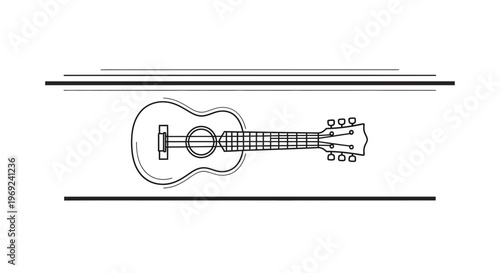 Minimalist acoustic guitar line art illustration with elegant horizontal decorative elements for
