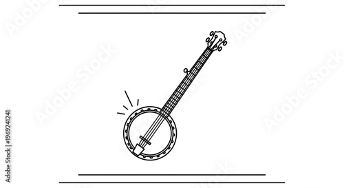 Minimalist black and white line art illustration of a banjo producing sound for music designs